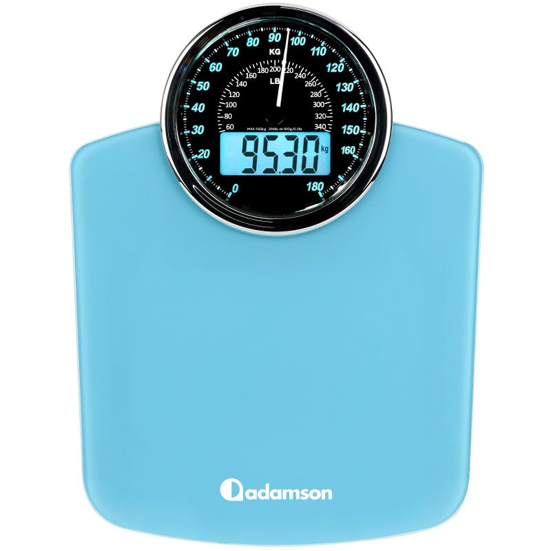 Adamson Hybrid 2-in-1 Analog & Digital Weighing Scale for Body Weight up to 180kg + Thick Tempered Glass + Extra Large Display + Easy to Read Digital Bathroom Scale + New Version - Light Blue
